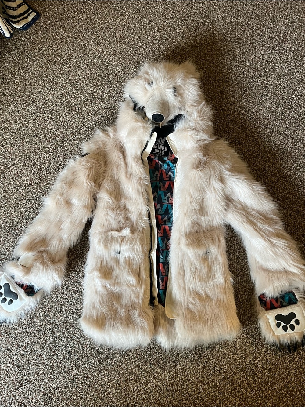 Plush Faux Fur Hooded Coat with Paw-Detail Cuffs - Cream